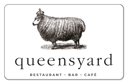 drawing of a sheep with a crown on a white background with queen's yard text logo